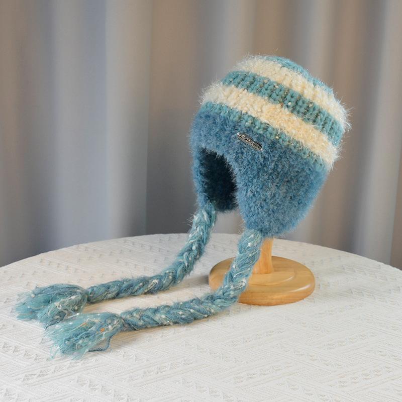 Женская осенне-зимняя теплая утолщенная защитная шапка с холодным мехом и бархатом, двойная тесьма, вязаная шапка, милая разноцветная шапка