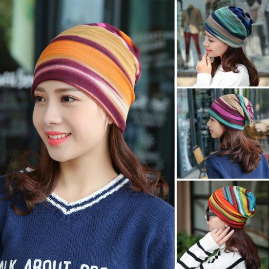 Women Stretchy Striped Turban Head Wrap Band Chemo Hat Bandana Pleated Cap