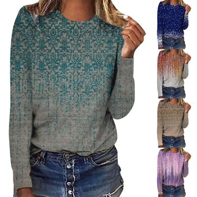 Женская мода повседневный топ с длинным рукавом с градиентным принтом и круглым вырезом