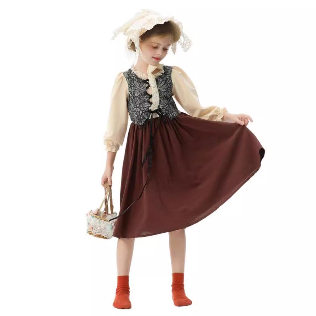 Хэллоуин Детский Костюм Этнический Винтажный Придворный Средневековый Пасторальный Фермерская Девушка Платье Принцессы