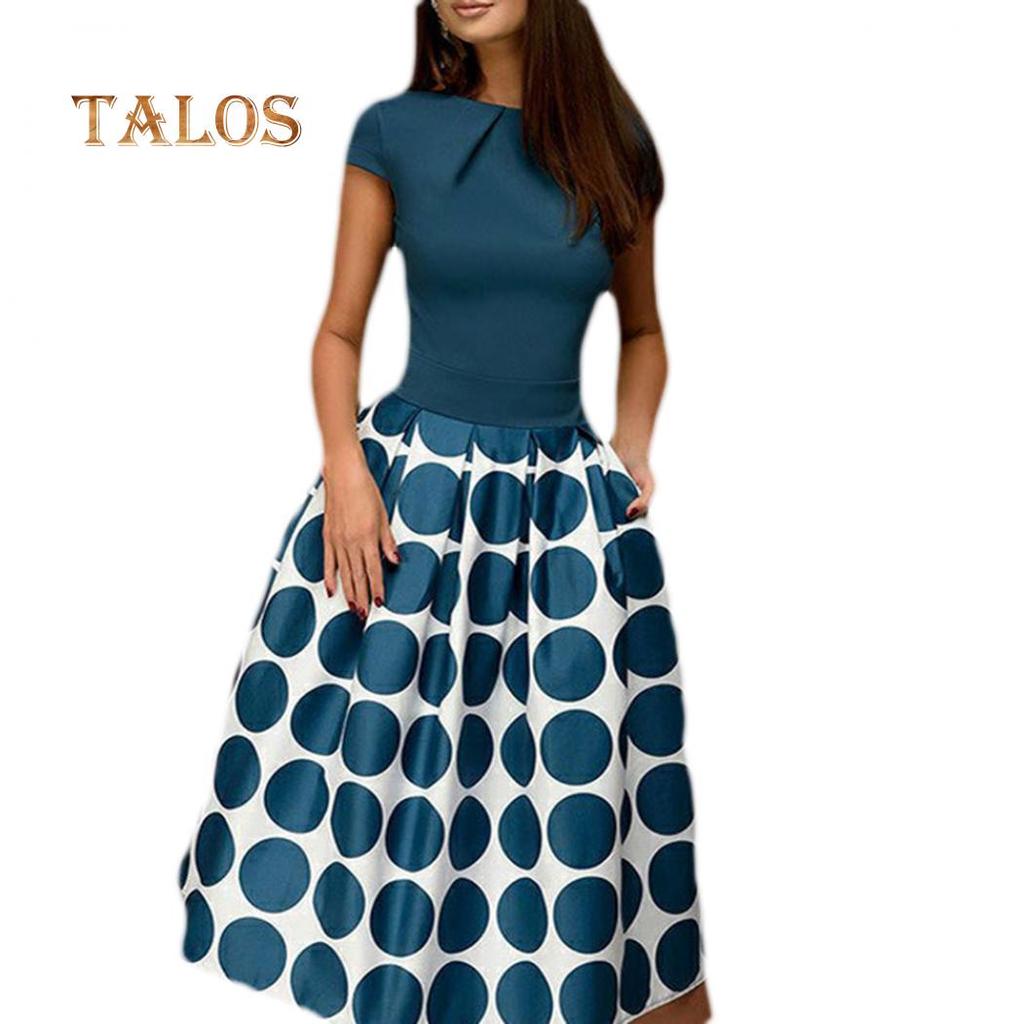 TALOS Женское свободное платье миди в горошек с короткими рукавами и круглым вырезом в стиле пэчворк