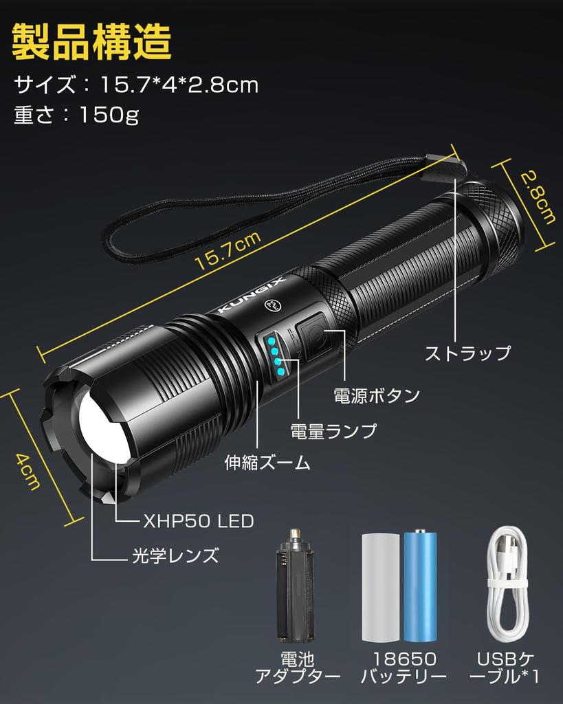 Powerful Flashlight with USB 5 Dimming IP54 Waterproof and Zoom Remaining Battery Power Aluminum Alloy 18650 Battery Battery Ideal for Mountain Night