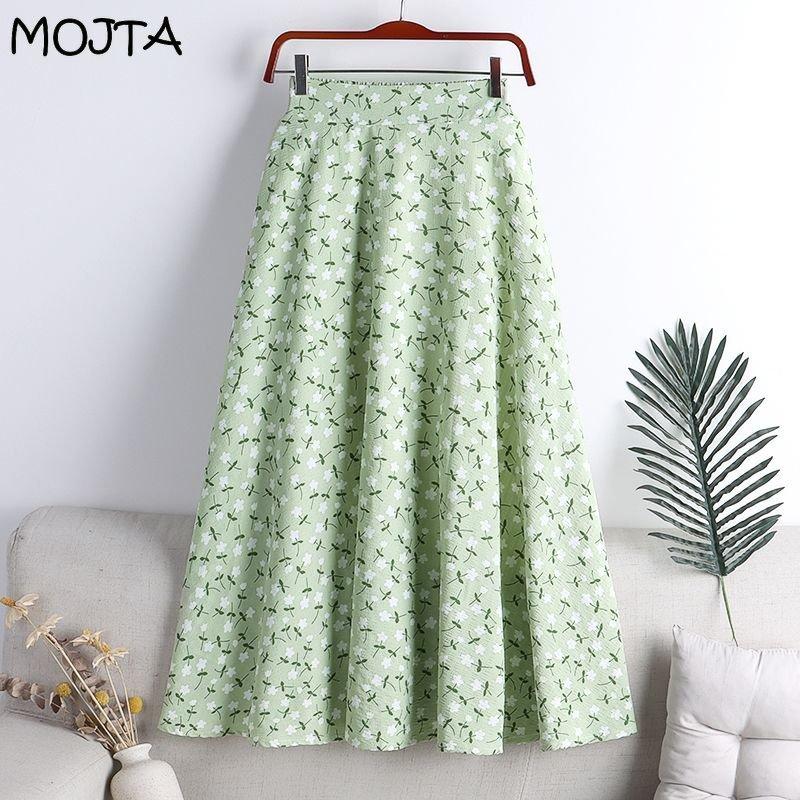 MOJTA Women's Mid-length Skirt Spring Summer Printing Elastic Printing High Waist Skirt A-line Long Skirt