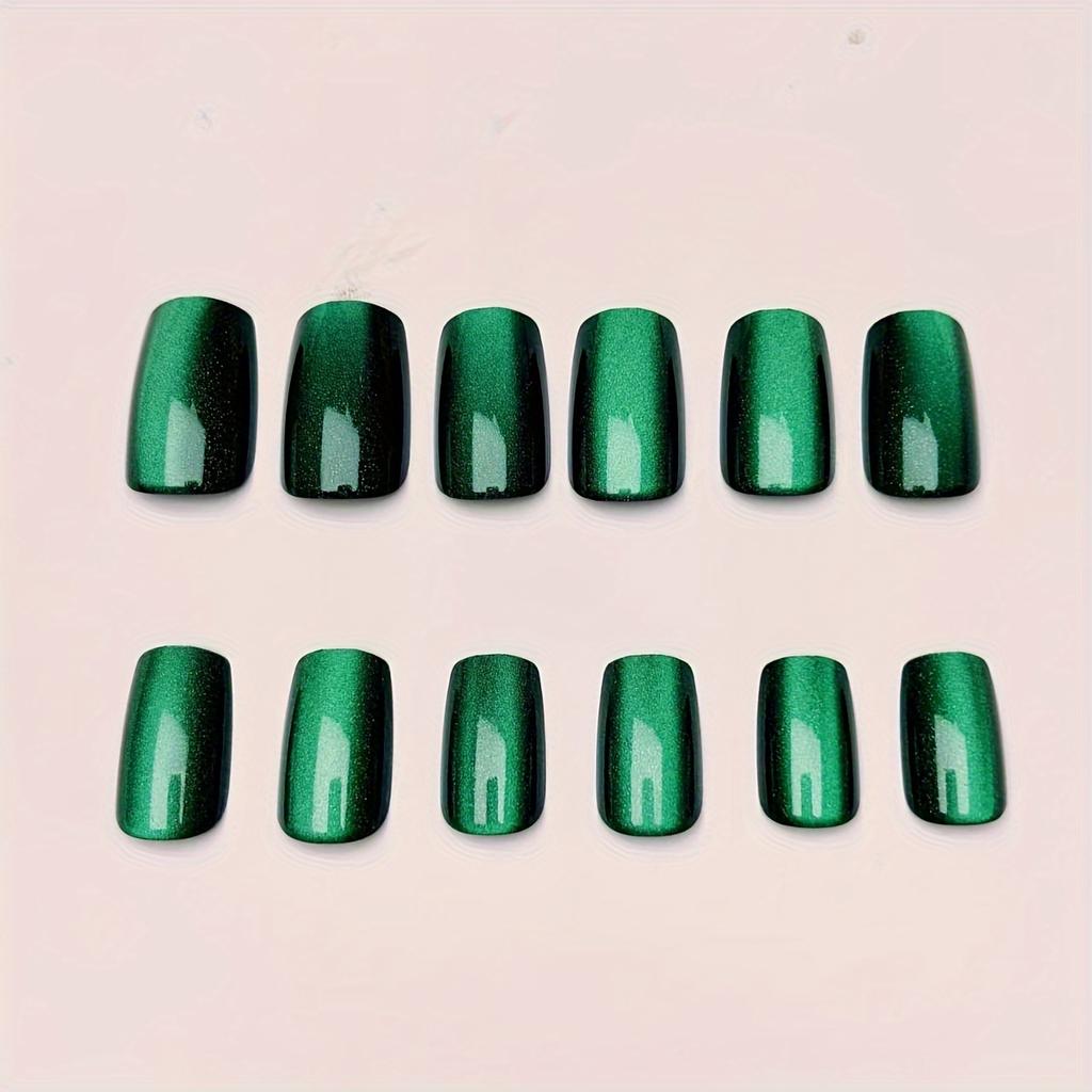 Набор из 24 квадратных накладных ногтей с эффектом кошачьего глаза изумрудно-зеленого цвета, средней длины, глянцевая отделка