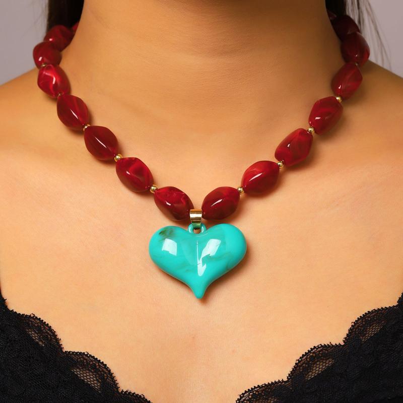 Exaggerated Colorful Resin Large Heart-Shaped Pendant Necklace for Women Vacation Style Irregular Beads Choker Necklaces Jewelry