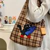 Cute Cartoon Embroidered Tote Bag Large Capacity Korean Version Plaid Student Shoulder Bag Casual Going Out Portable Shopping Bag