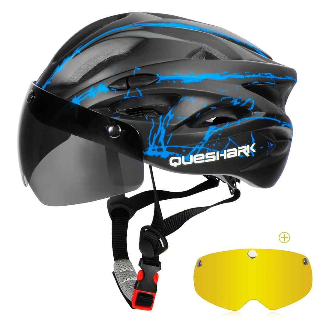 Queshark Ultralight Cycling Helmet with Goggles Bicycle Safety Cap Motorcycle Riding MTB Road Bike Helmet+Removable Yellow/Colorful Lens