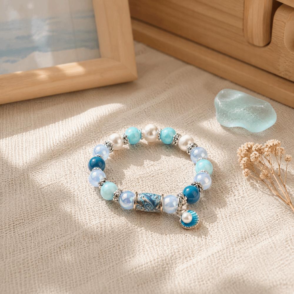 Pendant Floral Print Ocean Theme Pearl Bracelet Crystal Ocean Charm Bracelet Jewelry Gift