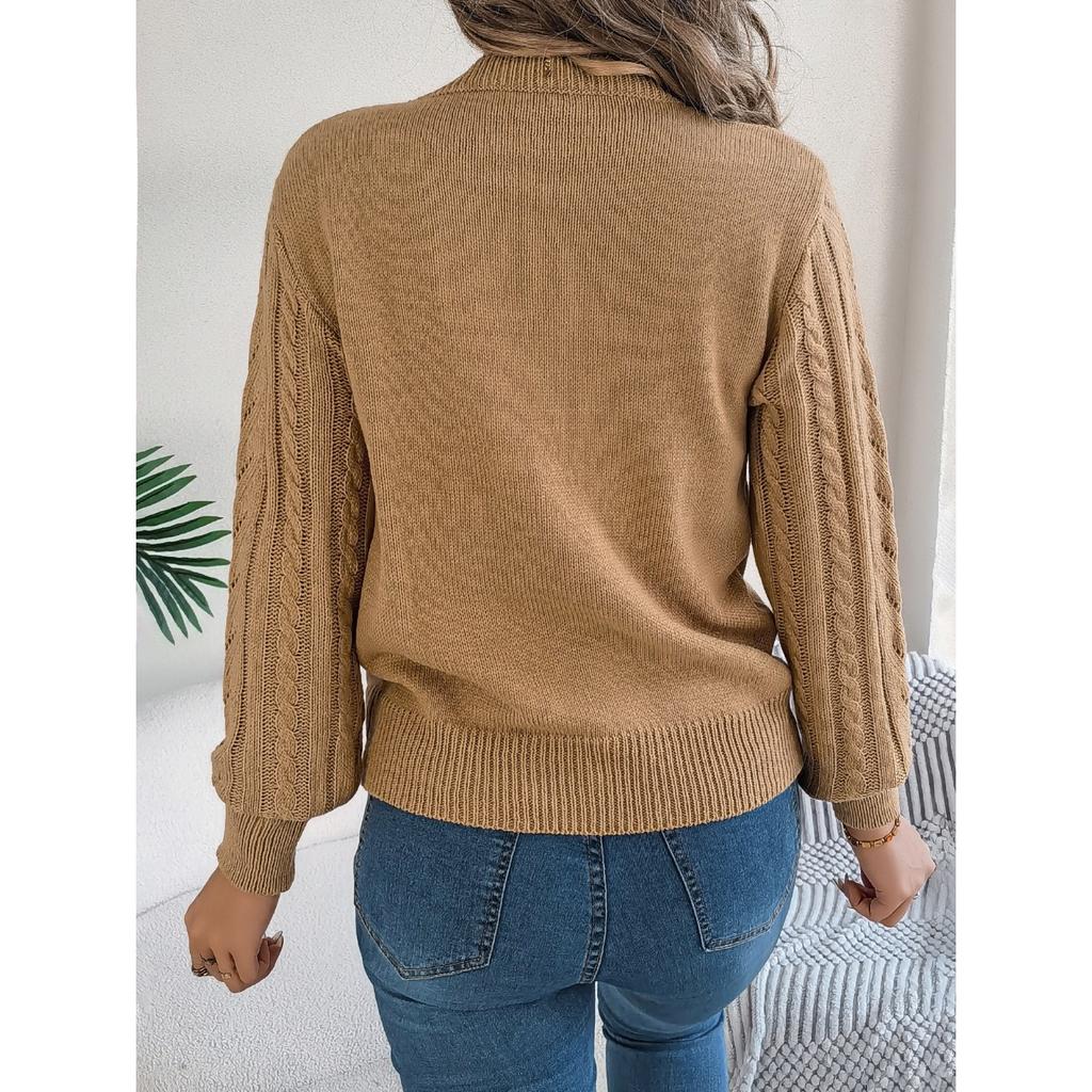 HNXC Autumn and Winter Casual Solid Color Hollowed-out Lantern Sleeve Pullover Sweater Women's Wear