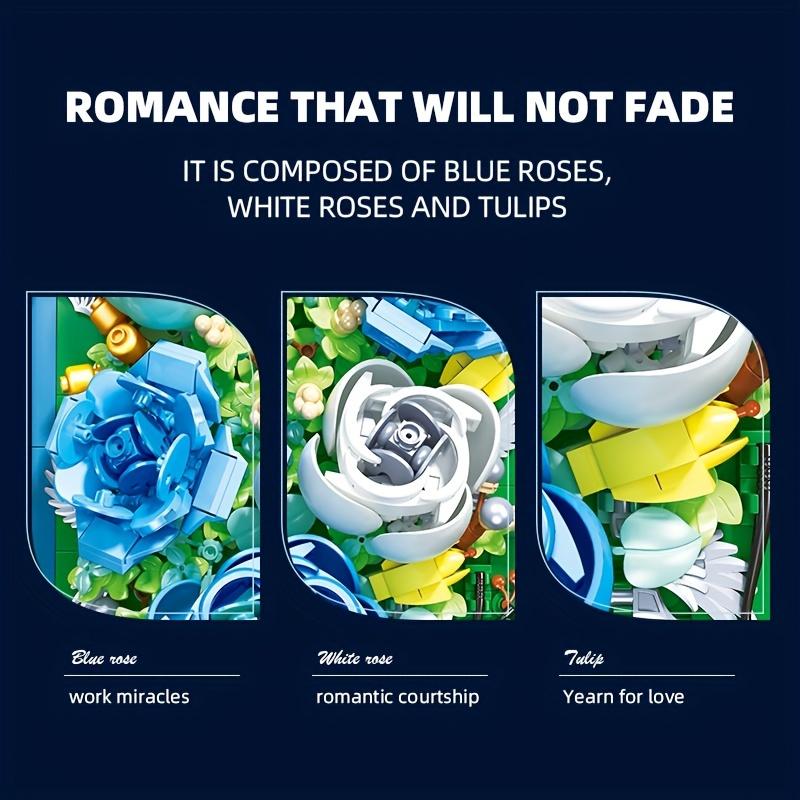 Non-Toxic 651Pcs Preserved Flower Po Frame Building Blocks Blue White Rose 3D Puzzle Toy Diy Model Bricks Flower Kids Holiday Gifts