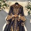 Модный подиумный красно-белый фарфоровое платье женское стойка длинный фонарик рукав синий цветочный принт рубашка халат жилет Vestidos