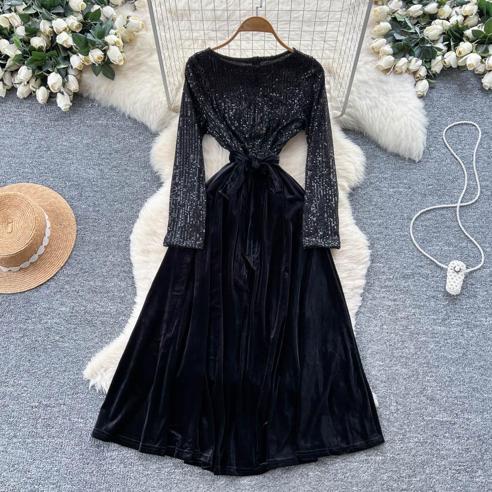 Шикарный Винтажный Велюровый Элегантный Наряд Феи с Длинным Рукавом Корейская Мода Осенняя Мода Платья Женская Одежда