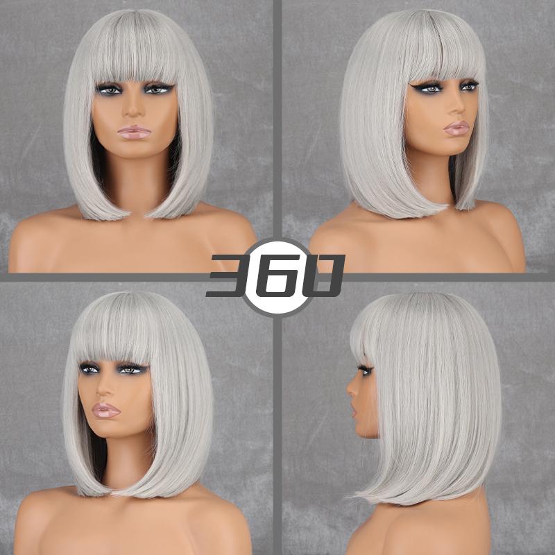 MISS WIG Женский короткий прямой парик Боб с челкой Синтетическое волокно Серый Косплей Повседневная одежда Парик Боб длиной до плеч