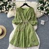 Spring Summer Women V-neck Lantern Sleeve Embroidery Lace Patchwork Chic Dresses With Belt