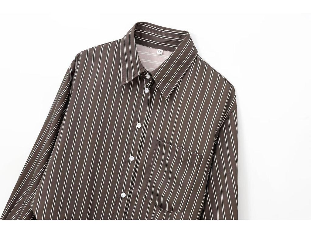 2024 Autumn Women's European & American Loose Casual Striped Long Sleeve Shirt