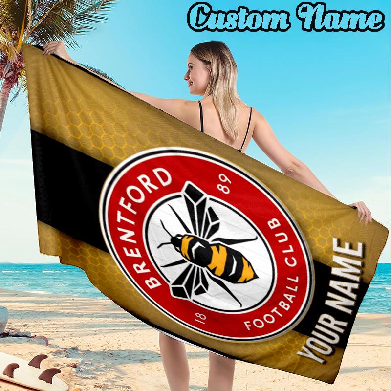 Custom Name Brentford Football Club Crest Beach Towel Soft Microfiber Fabric Bath Towels for Swimming Travel Camping, Outdoor essentials Gifts