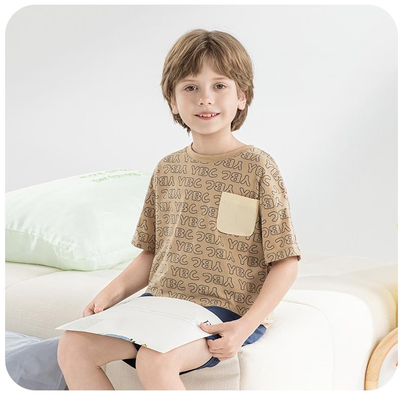 Yingbolun boys' pajamas summer pure cotton 10A children's short sleeved shorts set medium and large children's cotton home clothes