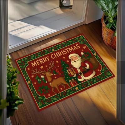 Рождественский коврик с Сантой и оленями Праздничный коврик с надписью Merry Christmas Праздничный ковер для прихожей Красный Зеленый Рождественский декоративный коврик