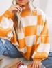 Women's Checked Knit Sweater, Round Neck Long Sleeve Relaxed Fit Pullover