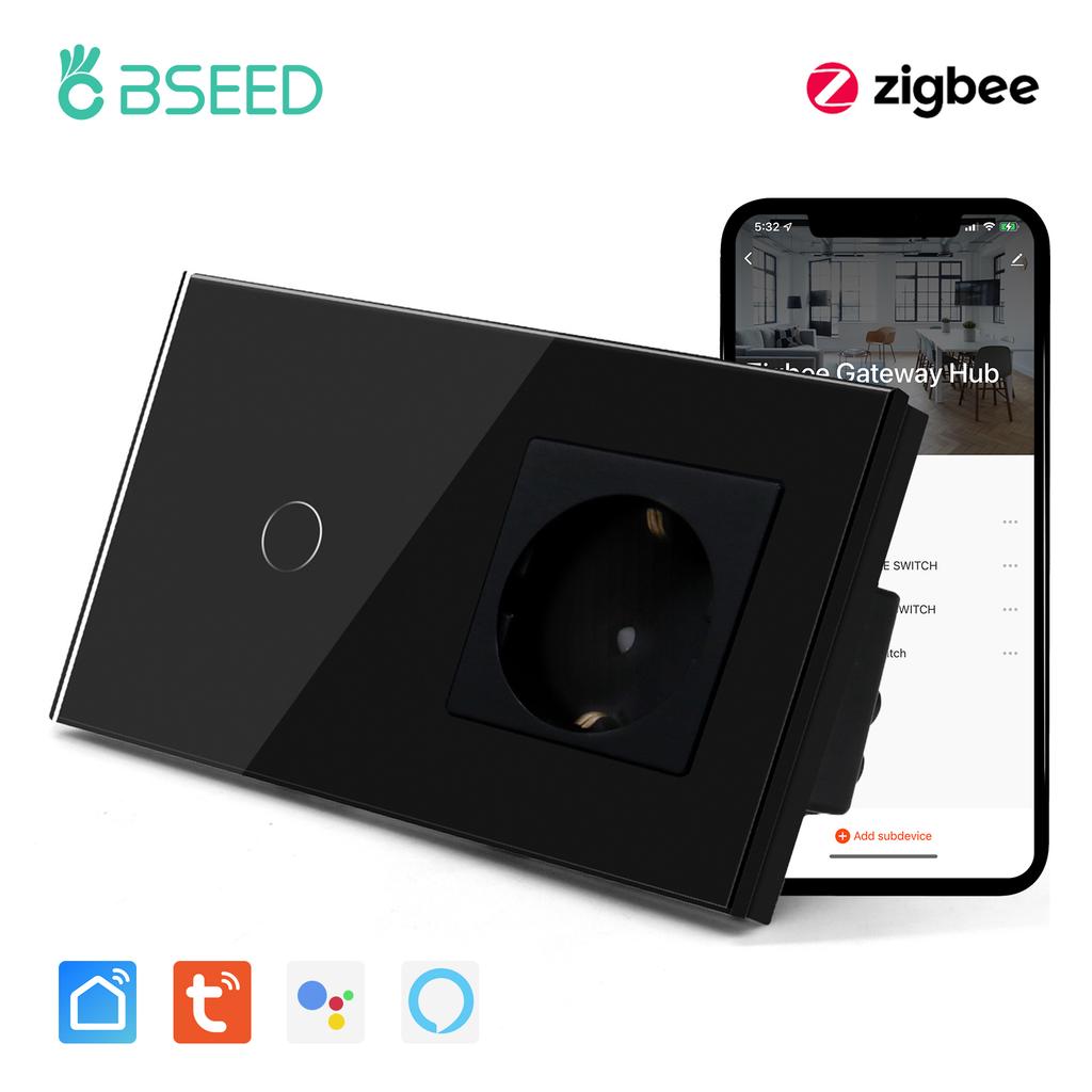 Bseed New Zigbee Single Live 1/2/3 Gang Touch Switch EU Standard With Normal Socket 4 Color Crystal Glass Panel Smart Home