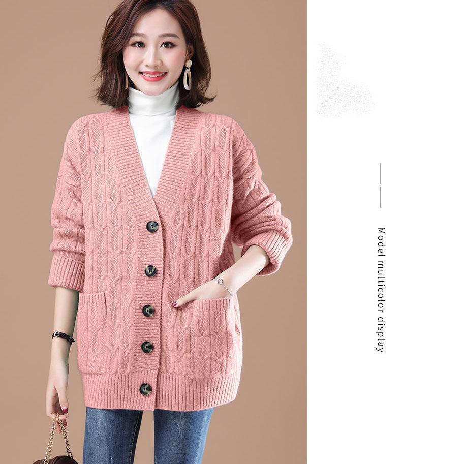 Large Size Women's Knitted Cardigan with Thick Loose Versatile Coat, Solid Color Sweater Jacket