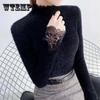 Imitation Mink Sweater Women Fall/winter Half High Neck Lace Stitching Lined Tight-fitting Knitted Bottoming Shirt