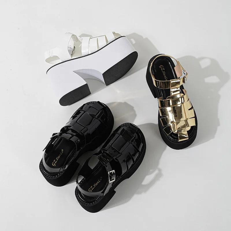 10 см толстый каблук толстая подошва сандалии для женщин высокие каблуки большой размер 43 ретро золотые женские сандалии туфли на платформе