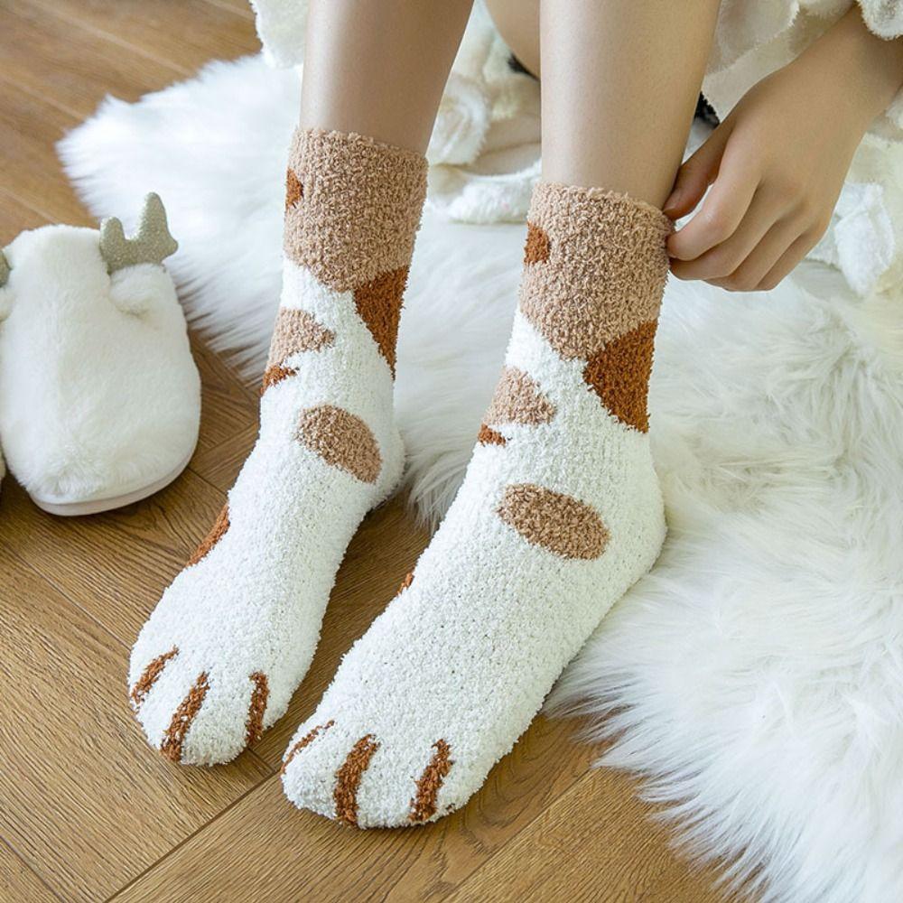 1 Pair Thicken Cat Paw Winter Socks Coral Fleece Sleeping Socks Cute Coral Fleece Warm Sock  Winter