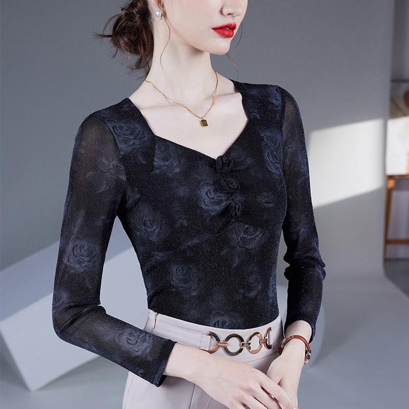 Весна/Осень 2025 Блузка из сетки с квадратным вырезом и принтом роз - Женский модный топ с длинным рукавом