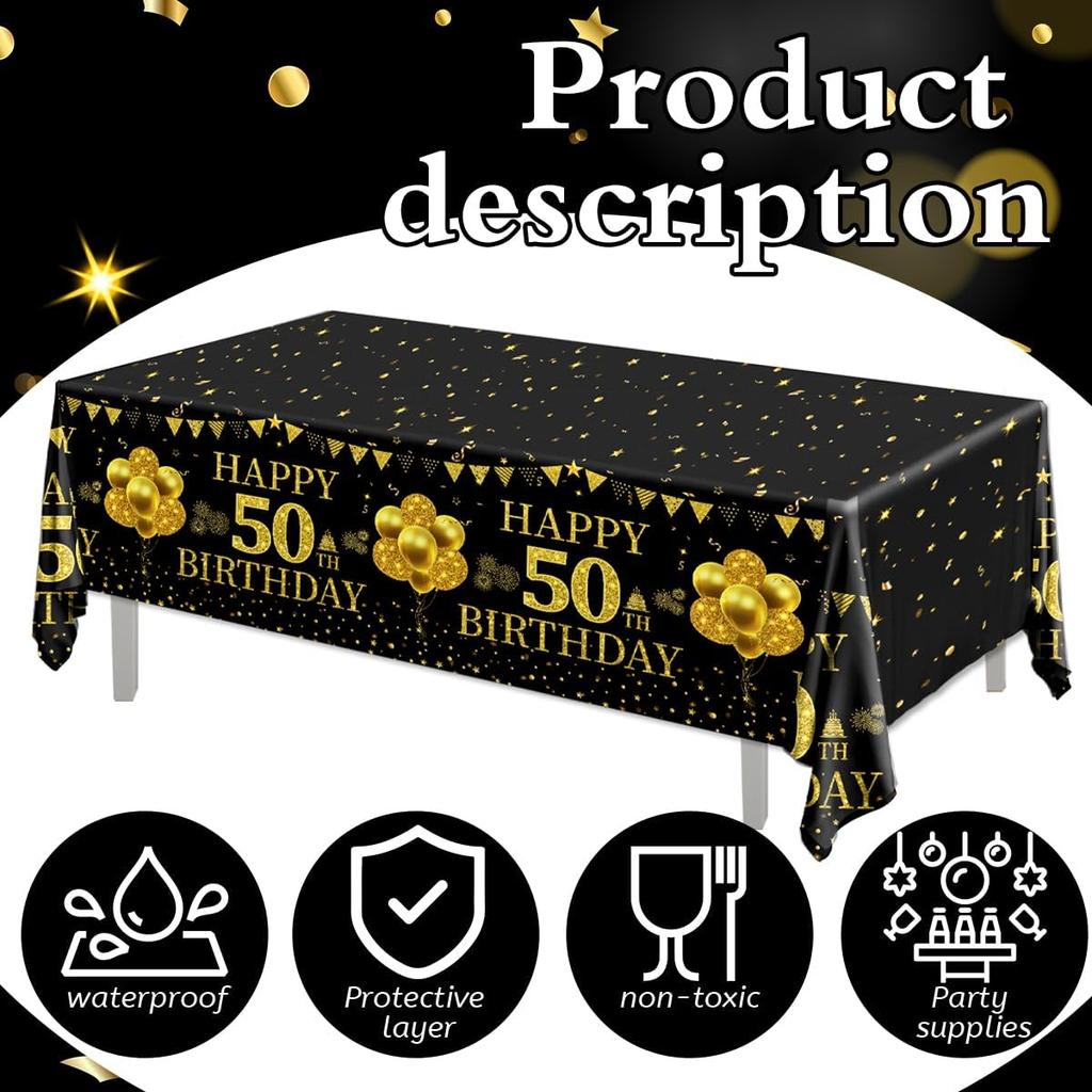 3 Pack Black Gold 50th Birthday Tablecloth, Rectangular Plastic Table Cover, 42.5x70.8 Inches, Happy 50 Birthday Decoration for Party Supplies