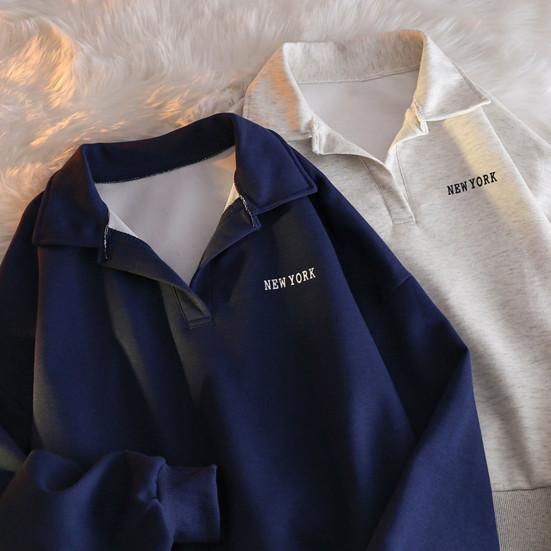 Women Autumn Spring Sweatshirt Turn-down Collar Loose Long Sleeves Pure Color Thin Elastic Cuffs And Hem Sport Style School Casual Top