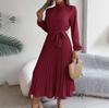 Women's Long Sleeve Maxi Dress Stand Collar High Waist A-Line Dress Loose Solid Color Pleated Long Dress