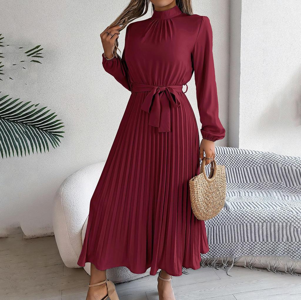 Women's Long Sleeve Maxi Dress Stand Collar High Waist A-Line Dress Loose Solid Color Pleated Long Dress