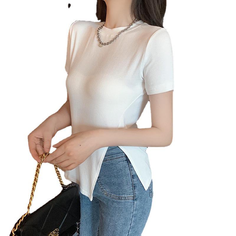 2025 Trendy Slim Black Side-Slit Short-Sleeve T-Shirt for Women