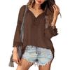 Women Tops V-Neck Embroidery Lace Trim Lace-up Long Sleeve Pullover Tops Solid Color Loose Fit Casual Style Shirt