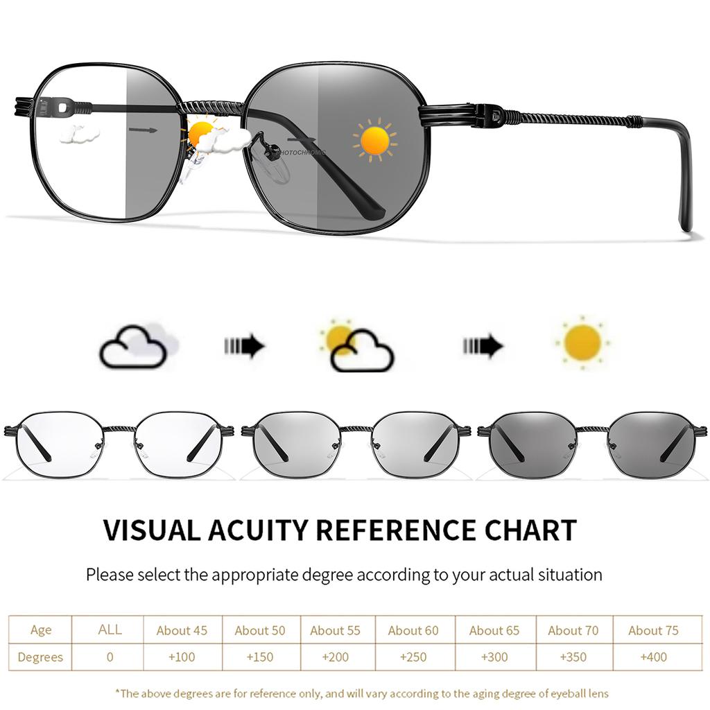 Photochromic Anti-Blue Light Reading Sunglasses Metal Eyewear For Women Men Internet Surf Style Presbyopic Eyewear +150 +200