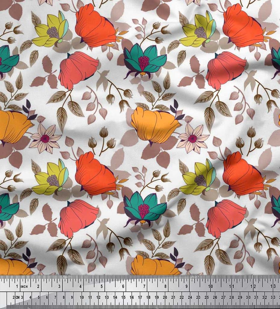 Soimoi Japan Crepe Satin Fabric Leaves & Floral Artistic Fabric Prints By Metre 42 Inch