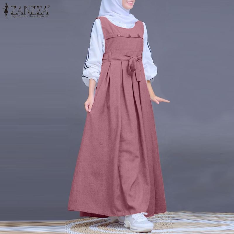 ZANZEA Женский свободный повседневный комбинезон в стиле ретро без рукавов с круглым вырезом, длинное платье