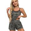 2 Pcs/Set Women O Neck Sleeveless Top Elastic Heart Print Strappy Pajamas Set High Waist Shirring