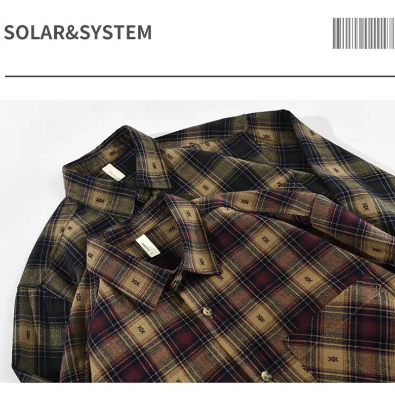 Рубашки весна/осень для мужчин, свободная рубашка в клетку в стиле ретро с двойными карманами, воротником-лацкан, мужская повседневная рубашка из чистого хлопка, молодежная верхняя рубашка