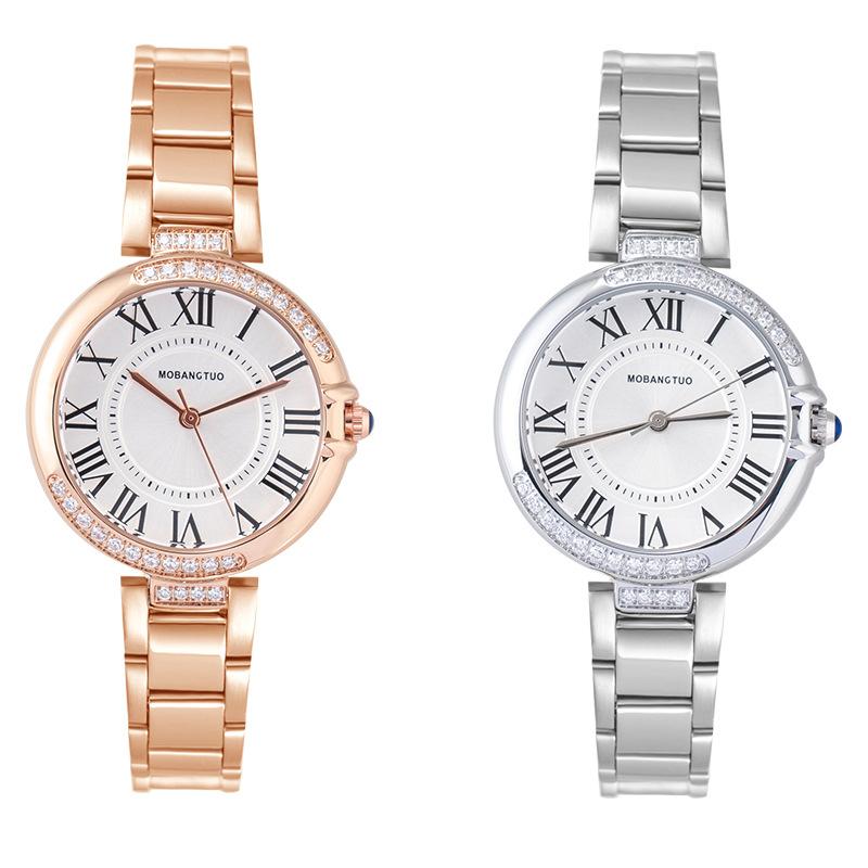 Diamond Women'S Watch Fashion Pointer Round Roman Quartz Waterproof Steel Belt Temperament Watch