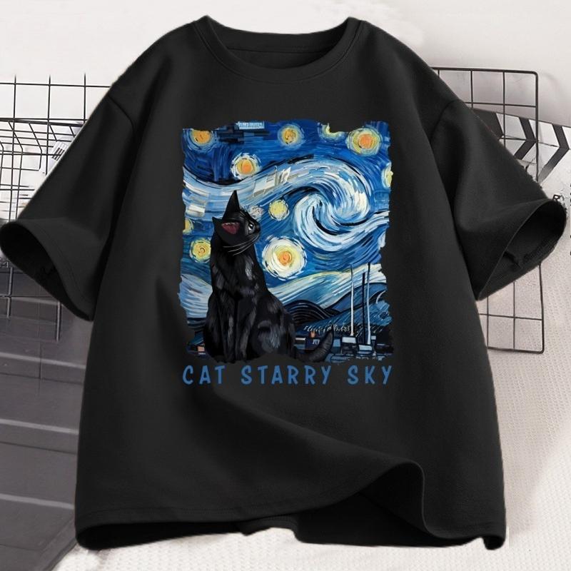 Cute Black Cat Starry Sky Night Vintage Tshirt Unisex WOMEN Cotton Short Sleeve Round Neck Tshirt Casual Graphic Tshirt Clothes