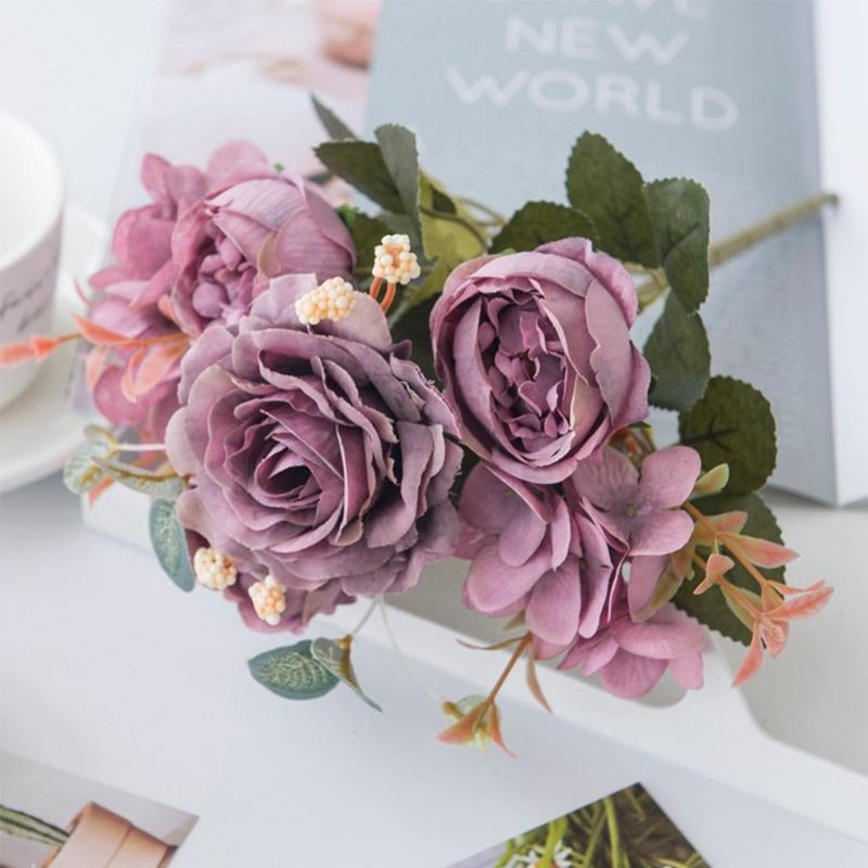 2 пучка искусственных цветов пиона, ретро шелковая роза, гортензия, винтажный свадебный букет, домашнее свадебное украшение, искусственный цветок