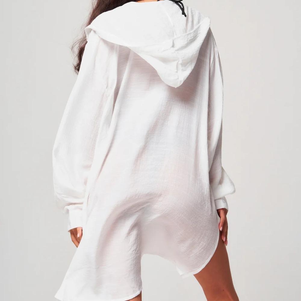 Solid Color Button Down Tunic Dress Long Sleeve Blouse Tops Beach Bikini Cover-up Vacation Outfit
