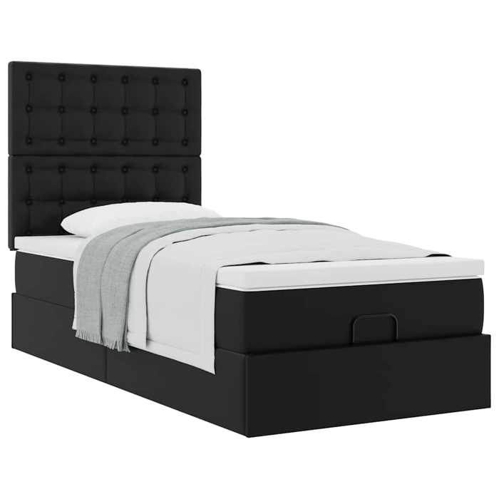 Lit ottoman - 90x190 cm - Similicuir noir - Rangement sous le lit - Mécanisme de levage hydraulique