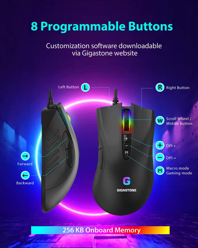 Игровая мышь Gigastone 3200 Проводная Игровая Регулируемая RGB 8 Программируемых 256 КБ На борту Подходит для Windows 7 и Позднее DPI, Мышь, Подсветка, Кнопки,