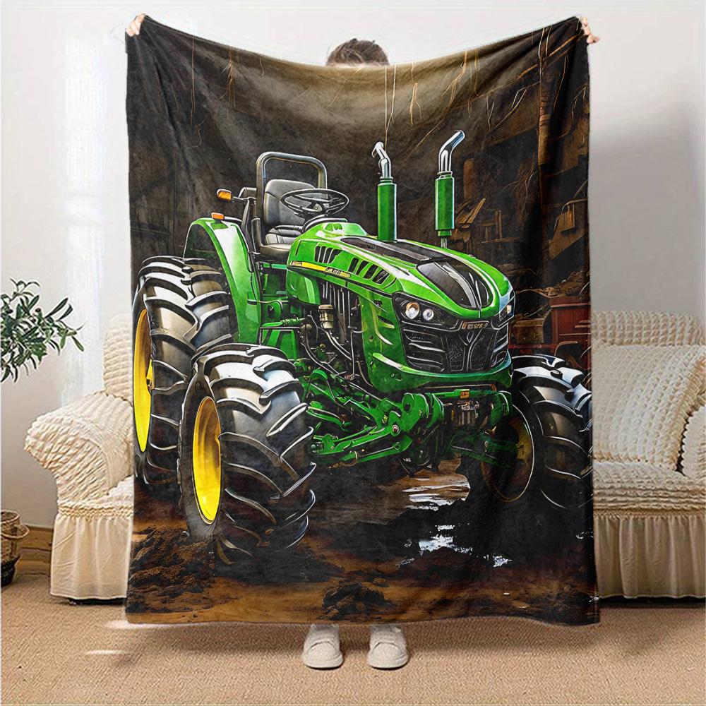 Green Tractor Barn Flannel Blanket Super Soft Warm Cozy Blanket For Sofa Bed Office Travel Allseason Home Decor Gift
