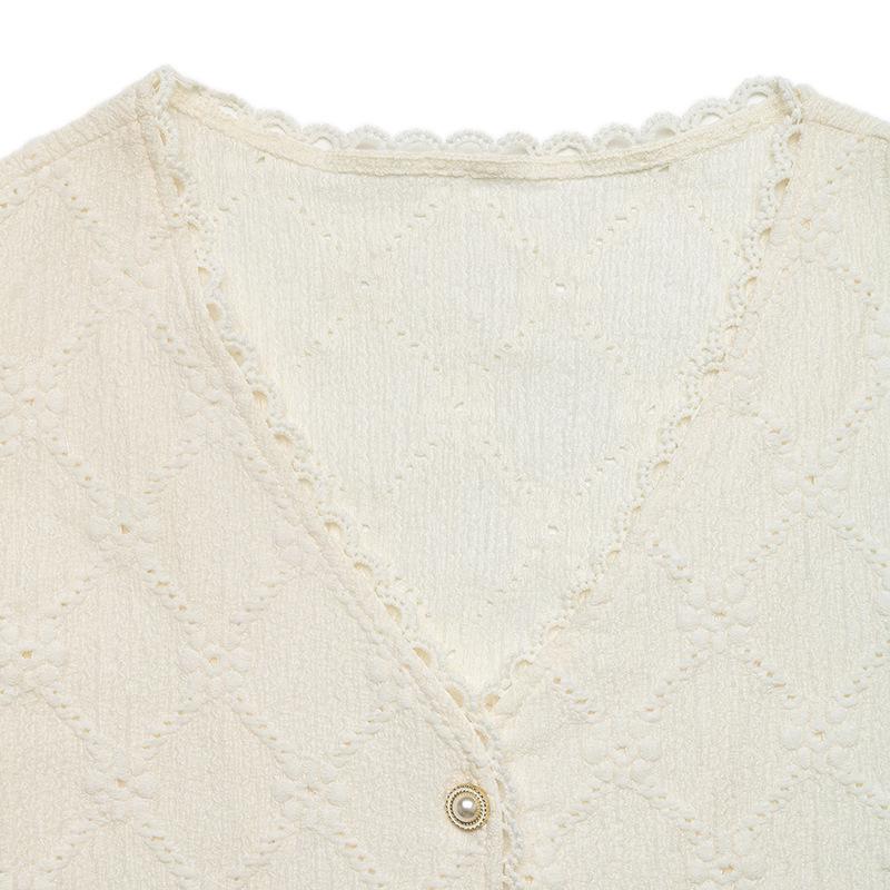 Женский топ с коротким рукавом, жаккардовый, с V-образным вырезом, кружевной, летний, 2026, европейский и американский стиль