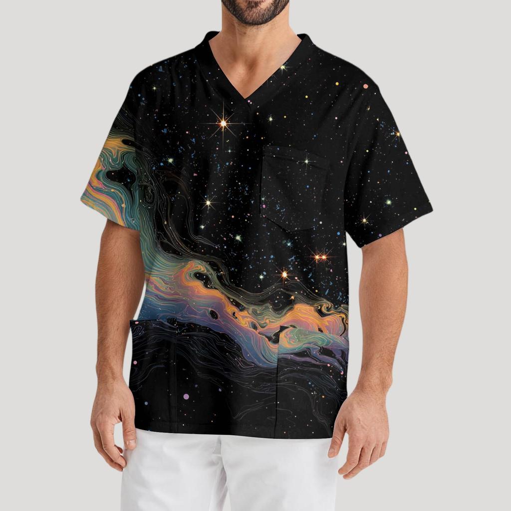 Мужская рабочая блузка с короткими рукавами и v-образным вырезом с принтом, топ с нагрудным карманом