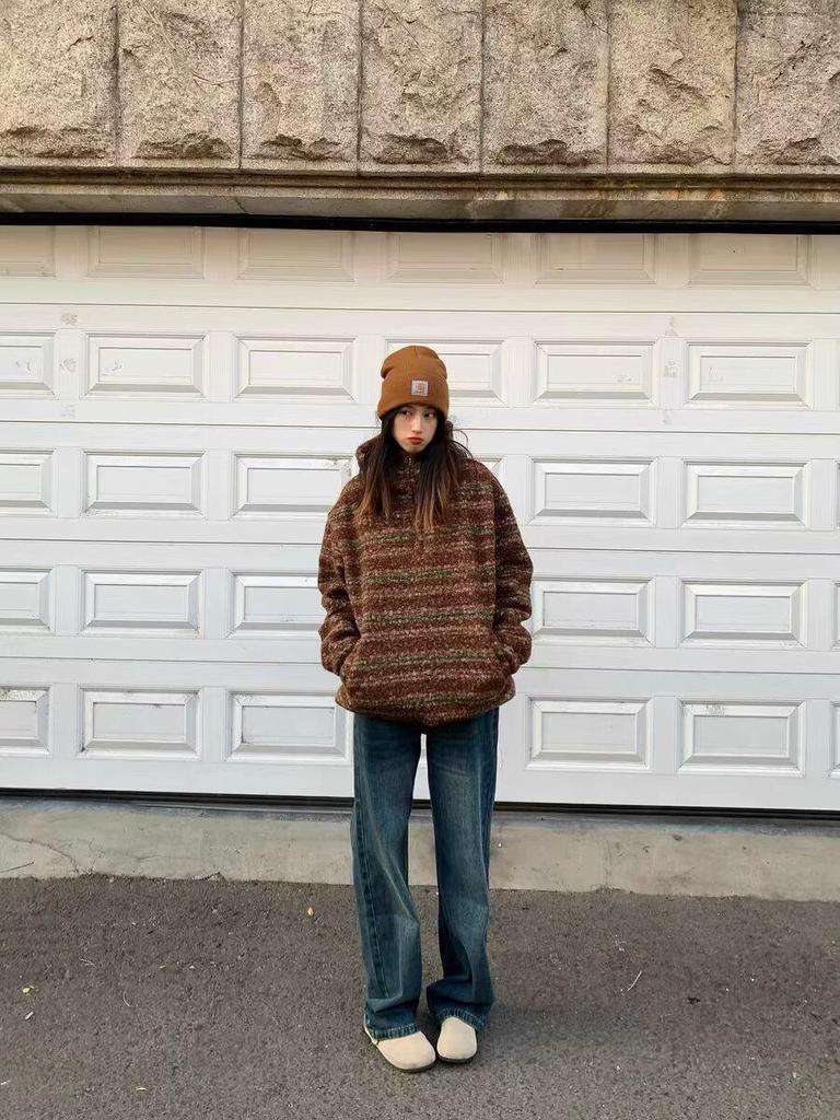 Men's Oversized Japanese Retro Striped Woolen Half-Zip Hoodie Sweater for Autumn/Winter